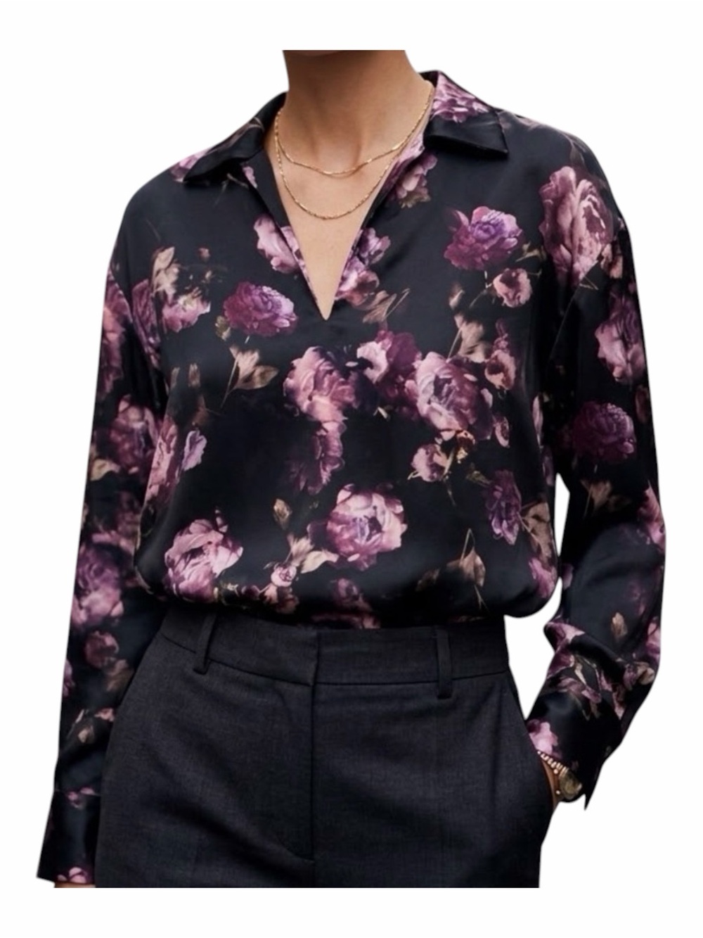 Vince Night Garden 100% Silk Popover Blouse Purple Floral Lapel Collar Size SM